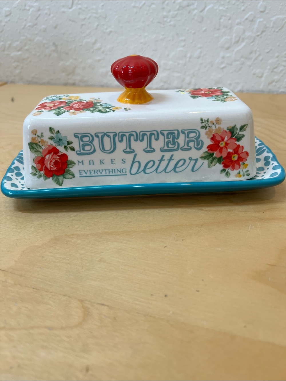 The Pioneer Woman Floral Butter Dish with Red Knob and Turquoise Base